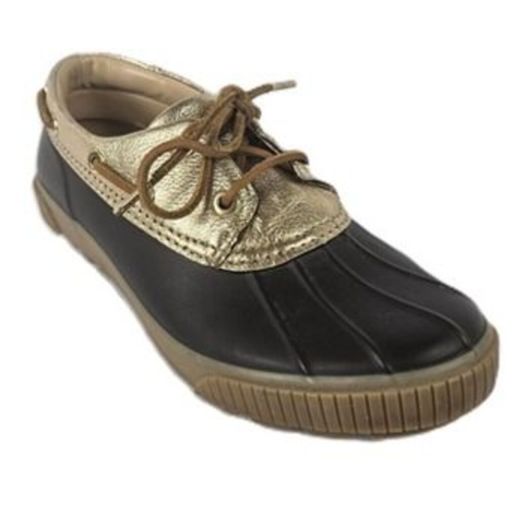 Michael Kors Duck Shoe Women's Size 8 Black Gold Metallic Leather Lace Up Flat